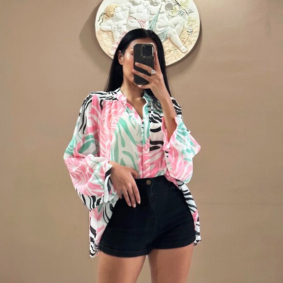 NEW Zara Semi Sheer Pink Zebra Pattern Blouse Top- Size M Oversized - Picture 7 of 16